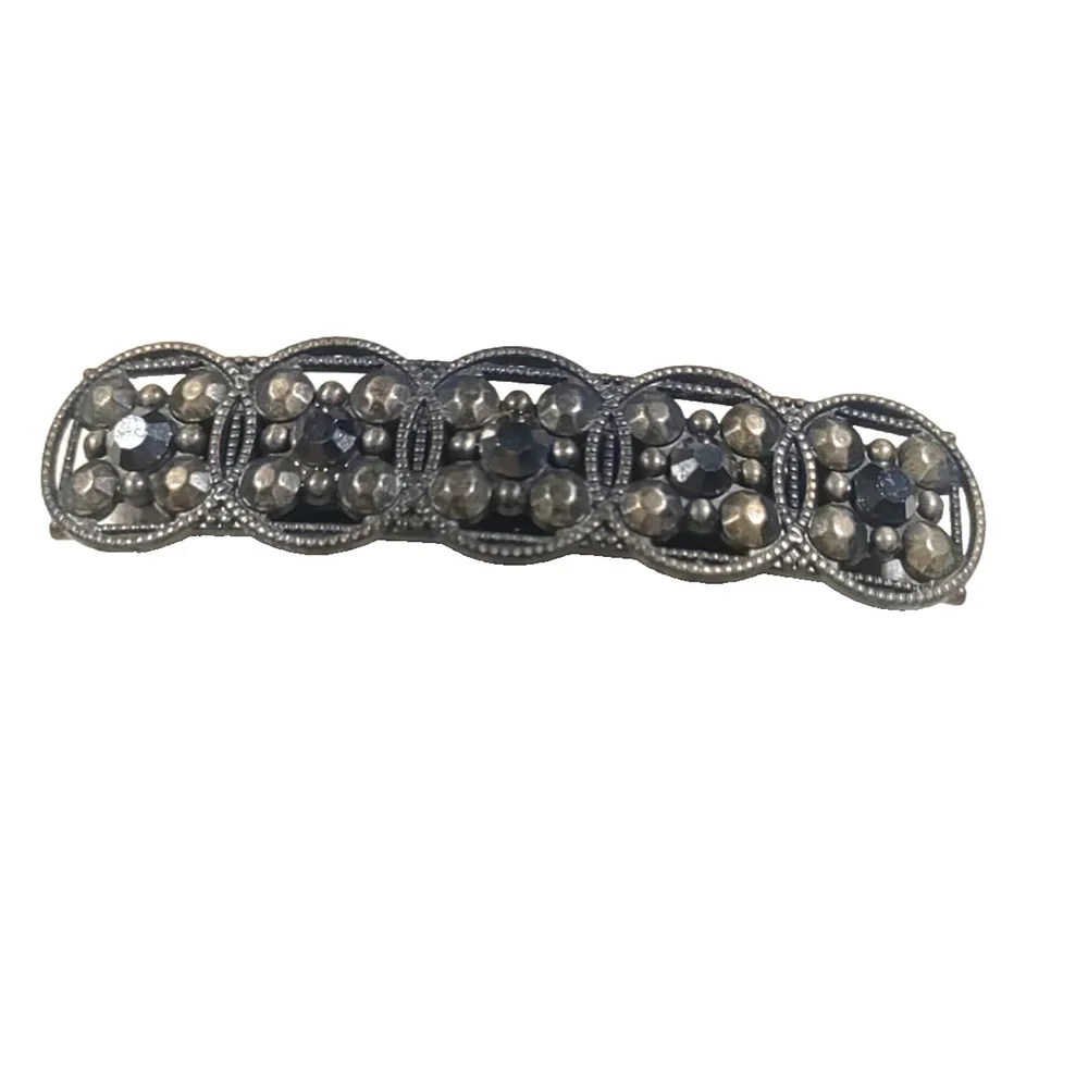 Gun Metal Black Rhinestone Hair Barrette Tension Clip Geometric Shape Circles...